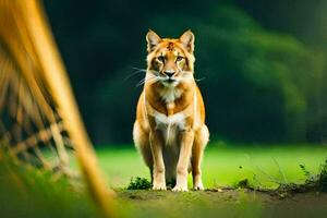 a brown cat is standing in the grass. AI-Generated photo