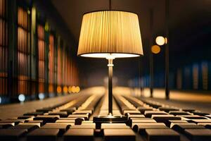 a lamp sitting on a table in front of a row of boxes. AI-Generated photo