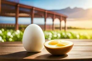 an egg and a half of an egg on a table. AI-Generated photo