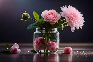 rosado flores en un vaso tarro en un mesa. generado por ai foto