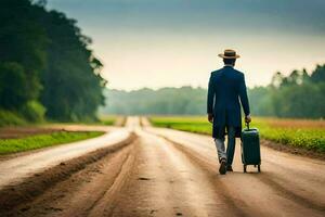 a man in a suit and hat walking down a dirt road with a suitcase. AI-Generated photo