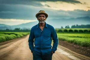 a man in a hat standing on a dirt road. AI-Generated photo