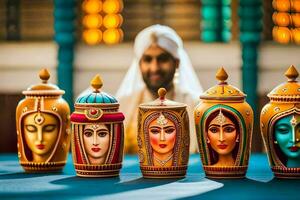 a man in a turban sits next to a set of colorful vases. AI-Generated photo