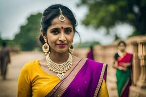 a woman in a purple sari with gold jewelry. AI-Generated photo