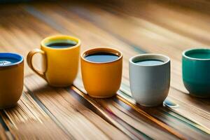 five different colored coffee cups lined up on a wooden table. AI-Generated photo