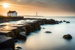 un faro se sienta en el rocas a puesta de sol. generado por ai foto