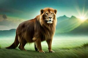 a lion standing in the grass with mountains in the background. AI-Generated photo