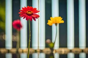 three flowers in water with a striped fence behind them. AI-Generated photo