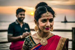 a beautiful indian bride in a red sari. AI-Generated photo