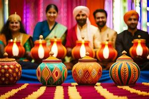 a group of people in indian attire holding colorful lanterns. AI-Generated photo