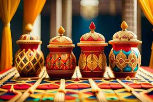 three colorful vases on a table with curtains. AI-Generated photo