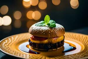 a burger with a cherry on top sits on a yellow plate. AI-Generated photo