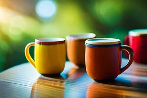 colorful coffee cups on a wooden table. AI-Generated photo