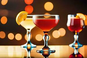 three different cocktails on a table with a bright light behind them. AI-Generated photo