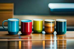 un fila de vistoso café tazas en un mesa. generado por ai foto