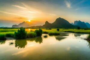 the sunrise over the li river in yangshuo, china. AI-Generated photo