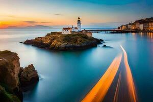 a long exposure photograph of a lighthouse and a boat in the water. AI-Generated photo