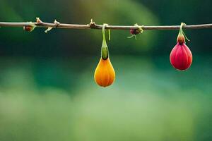 two flowers hang from a branch with a green background. AI-Generated photo