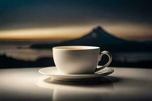 un taza de café en un mesa con un montaña en el antecedentes. generado por ai foto