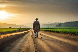 a man walking down a dirt road with a cane. AI-Generated photo