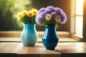 two blue vases with purple flowers sitting on a table. AI-Generated photo