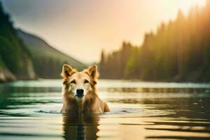 a dog is swimming in the water at sunset. AI-Generated photo