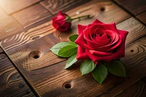 red roses on a wooden table. AI-Generated photo