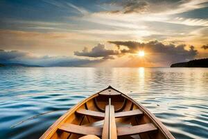 the sun rises over the water in a canoe. AI-Generated photo