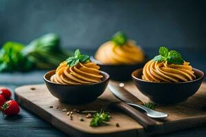 three bowls of carrot cake with mint leaves. AI-Generated photo