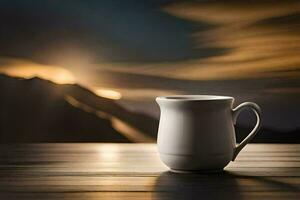 a coffee cup sits on a table in front of a mountain. AI-Generated photo