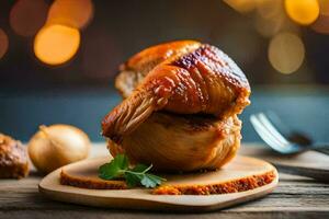 un pollo en un de madera corte tablero con un cuchillo y tenedor. generado por ai foto