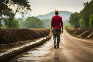 a man walking down a dirt road. AI-Generated photo