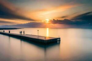 a long pier with people standing on it at sunset. AI-Generated photo