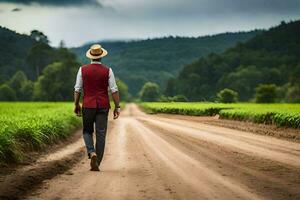 a man in a hat and vest walking down a dirt road. AI-Generated photo