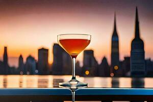 a cocktail glass with a view of the city skyline. AI-Generated photo