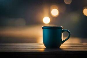 a blue mug sitting on a wooden table in front of a blurry bokeh background. AI-Generated photo