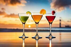 three glasses of different colored drinks on the beach. AI-Generated photo