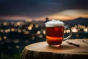 un vaso de cerveza en un de madera tocón en frente de un paisaje urbano generado por ai foto