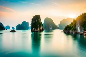 el Dom conjuntos terminado el agua en halong bahía, Vietnam. generado por ai foto