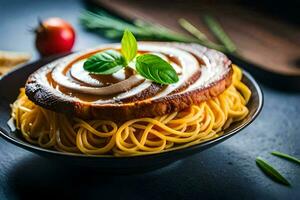 spaghetti with cheese and basil on a black background. AI-Generated photo