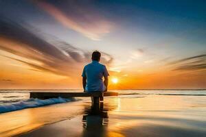 hombre sentado en un banco a puesta de sol en el playa. generado por ai foto