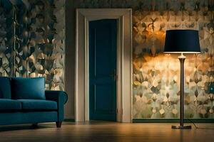 a blue couch and lamp in a room with a wall of paper. AI-Generated photo