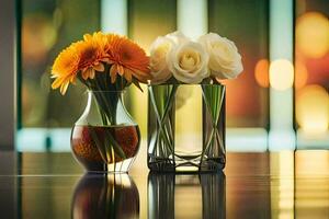 dos floreros con flores sentado en un mesa. generado por ai foto