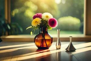 a vase with flowers sitting on a table in front of a window. AI-Generated photo