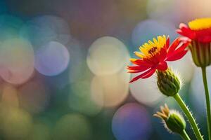 dos rojo flores son en frente de un brillante antecedentes. generado por ai foto