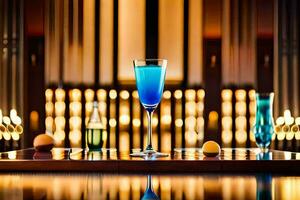 a blue cocktail in a glass on a table. AI-Generated photo