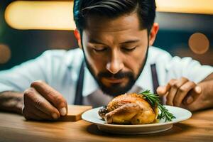 a man with a beard and a white shirt is eating a chicken on a plate. AI-Generated photo
