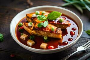chicken and vegetables in a sauce with a fork. AI-Generated photo