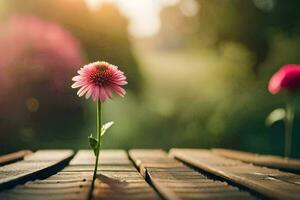 a pink flower is standing on a wooden table. AI-Generated photo