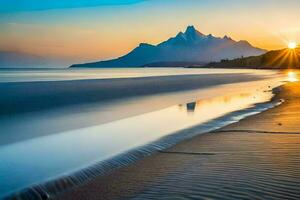 the sun sets over a mountain range and a beach. AI-Generated photo